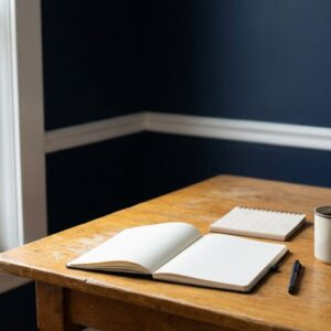 A notebook, desk calendar, pen and mug on a kitchen table in morning light