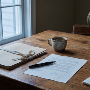 Warm wooden desk with a closed folder, signed agreement, two coffee cups and a wall clock reading just before the hour