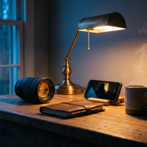 Warm wooden desk at dusk with a camera lens, a phone on a stand playing a paused video, a leather journal, a lamp casting warm light, and a law book set aside