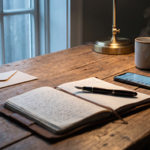 Warm wooden desk in morning light with an open leather notebook, a fountain pen, a phone showing a contact directory, reading glasses beside a steaming mug of tea